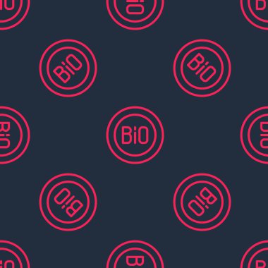 Kırmızı çizgi Banner, etiket, etiket, biyoyeşil sağlıklı yiyecek ikonu için logo siyah arkaplanda izole edilmiş pürüzsüz desen. Organik ürün. Sağlıklı yemek etiketi. Vektör