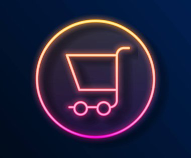 Parlayan neon hattı alışveriş arabası simgesi siyah arka planda izole edildi. İnternetten satın alma konsepti. Servis tabelası. Süpermarket sepeti sembolü. Vektör