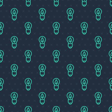 Yeşil çizgi ampulü ve yaprak simgesi mavi arkaplanda izole edilmiş pürüzsüz desen. Çevre enerjisi kavramı. Alternatif enerji kavramı. Vektör