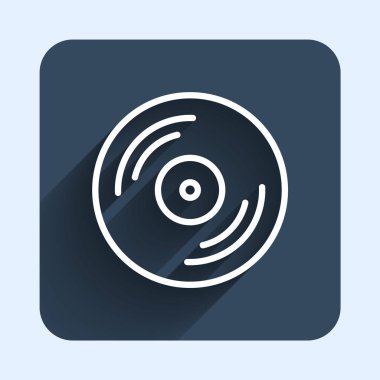 Beyaz çizgi Vinil disk simgesi uzun gölge arkaplanı ile izole edildi. Mavi kare düğme. Vektör