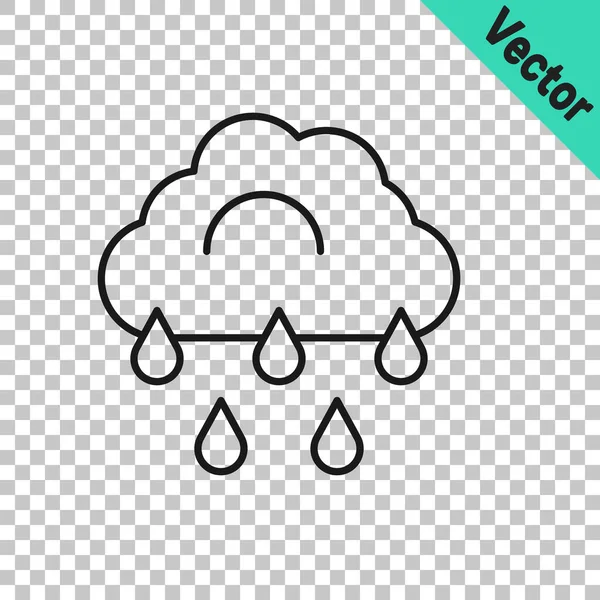 Schwarze Linie Wolke Mit Regensymbol Isoliert Auf Transparentem Hintergrund Regenwolken — Stockvektor