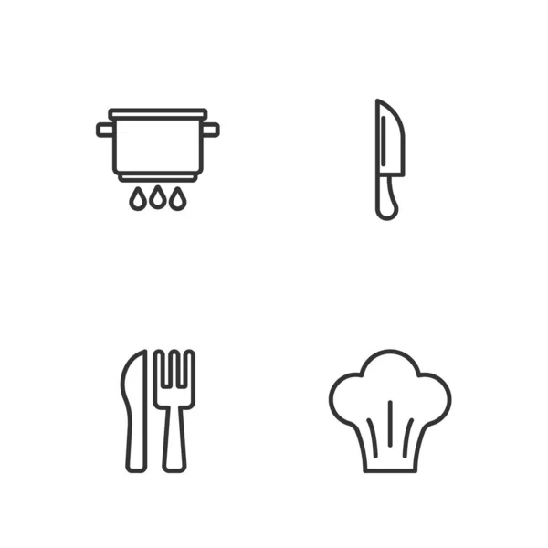 设置直线厨师帽交叉刀叉锅火和刀叉图标 — 图库矢量图片