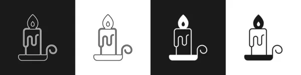 Nastavit Hořící Svíčku Svícnu Ikony Izolované Černobílém Pozadí Válcový Svícen — Stockový vektor