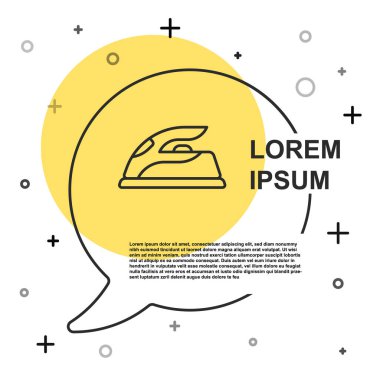 Beyaz arkaplanda siyah çizgi elektrikli demir ikonu izole edildi. Buhar ütüsü. Rastgele dinamik şekiller. Vektör