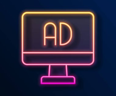 Parlayan neon hattı reklam simgesi siyah arkaplanda izole edildi. Pazarlama ve tanıtım süreci kavramı. İlgili reklamlar. Sosyal medya reklamcılığı. Vektör