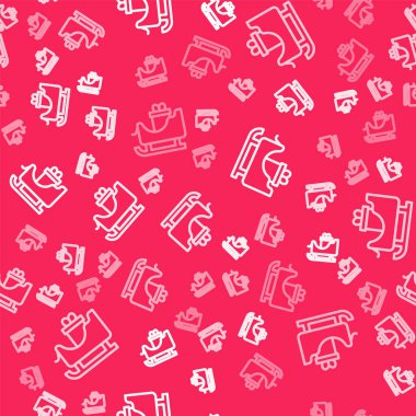 Beyaz çizgi Noel Baba kızağı. Kırmızı arka planda izole edilmiş çuval torbası ikonu var. Mutlu Noeller ve mutlu yıllar. Vektör