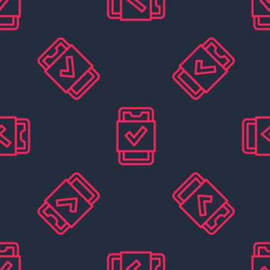 Kırmızı çizgi cep telefonu alış veriş ikonu siyah arka planda izole edilmiş pürüzsüz desen. İnternetten satın alma sembolü. Süpermarket sepeti sembolü. Vektör