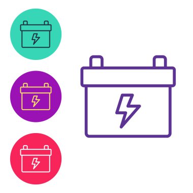 Çizgi araba aküsü simgesi beyaz arkaplanda izole edildi. Akümülatör bataryası enerji ve elektrik akümülatörü bataryası. Simgeleri renklendirin. Vektör