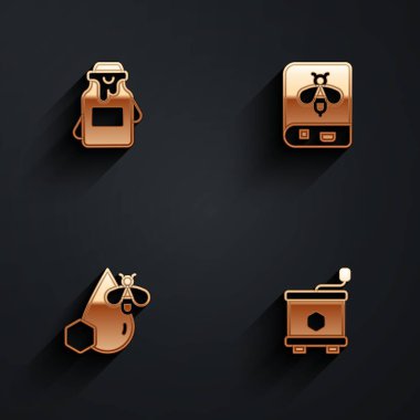 Bal kavanozu, arı, bal peteği ve uzun gölgeli bal sökücü ikonu hakkında kitap hazırla. Vektör