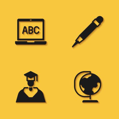 Laptop, Dünya küresi, mezuniyet şapkası ve silgi ikonlu uzun gölge. Vektör