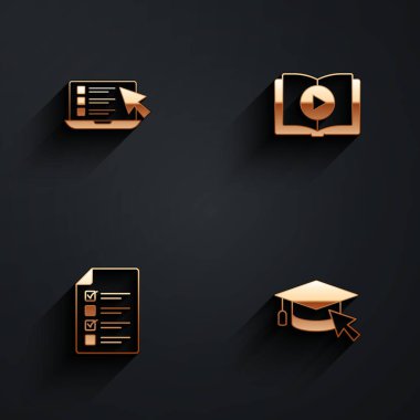 Çevrimiçi sınav, test, inceleme, ses kitabı ve imleç simgesi ile uzun gölgeli mezuniyet başlığını ayarla. Vektör