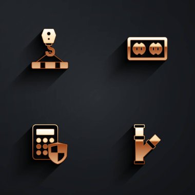 Crane kancası, elektrik prizi, güvenlik tuş takımı erişim paneli ve uzun gölgeli endüstriyel metalik boru ikonunu ayarla. Vektör