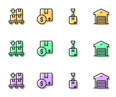 Crane 'i karton kutuyla, karton kutularla, karton kutularla, karton ve depo simgesiyle sıraya sokun. Vektör