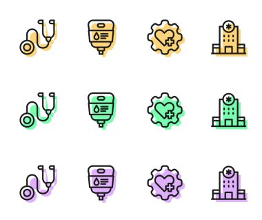 Kalp hattını çapraz, steteskop, serum ve hastane binası ikonu ile ayarlayın. Vektör