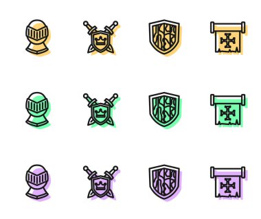 Hat kalkanı, ortaçağ miğferi, kılıçlı ve Haçlı Seferi ikonlu. Vektör