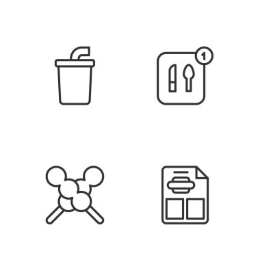 Restoran menüsü, tahta çubukta köfte, su ve yemek siparişi ikonu içeren kağıt bardak. Vektör