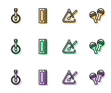 Triangle müzik enstrümanı, Banjo, Armonika ve Maracas ikonu. Vektör