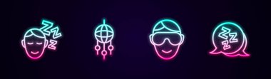 Rüyalar dizisi, tüylü yakalayıcı, göz maskesi ve Uykucu. Parlayan neon ikonu. Vektör