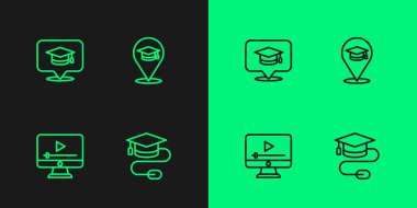 Satır Mezuniyet başlığını fare, Online oyun videosu, konuşma balonu ve eğitim simgesi ile ayarla. Vektör