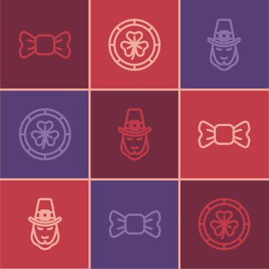 Çizgi papyon, cüce cin ve altın leprikon madeni para ikonu. Vektör