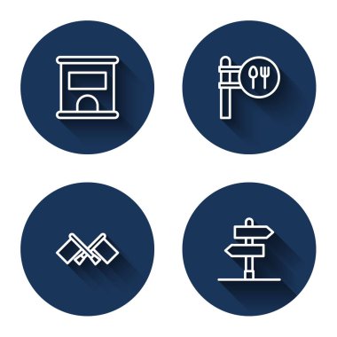 Bilet almak için bilet gişesi, kafe ve restoran konumu, uzun gölgeli Bayrak ve Yol tabelası ayarlayın. Mavi daire düğmesi. Vektör