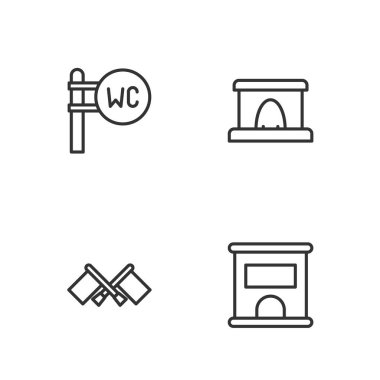 Bilet almak için bilet gişesi ayarlayın, Bayrak, Tuvalet ve Demiryolu ikonu. Vektör