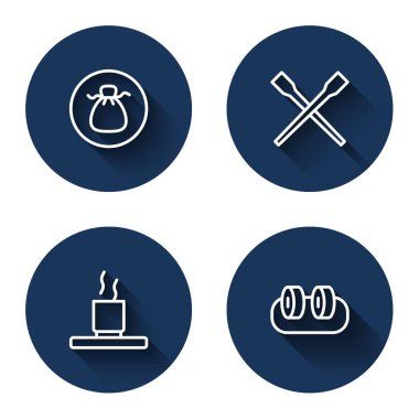 Sıra halinde Wonton, yemek çubukları, bir fincan çay ve uzun gölgeli suşi. Mavi daire düğmesi. Vektör