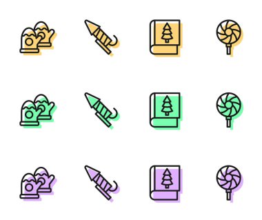 Sabit çizgi Noel kitabı, eldivenler, Havai fişek roketi ve lolipop ikonu. Vektör