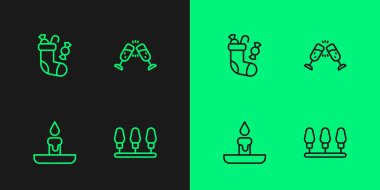 Çizgi ışıkları, yanan mum, çorap ve bir kadeh şampanya ikonu. Vektör