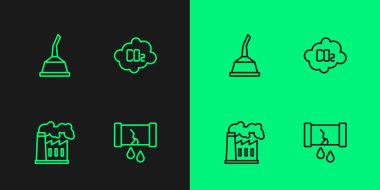 Vana, petrol ve gaz sanayi fabrikası, motor makinesi ve CO2 emisyon bulutu ikonu olan bozuk petrol borularını ayarlayın. Vektör