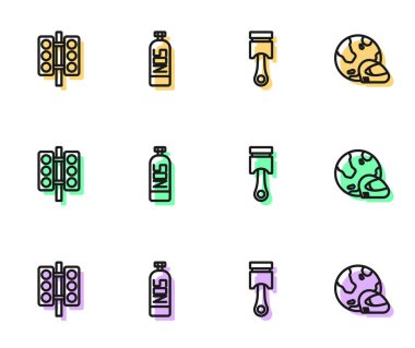 Hat hattı pistonu, yarış trafik ışığı, nitrojen oksit ve kask ikonu. Vektör