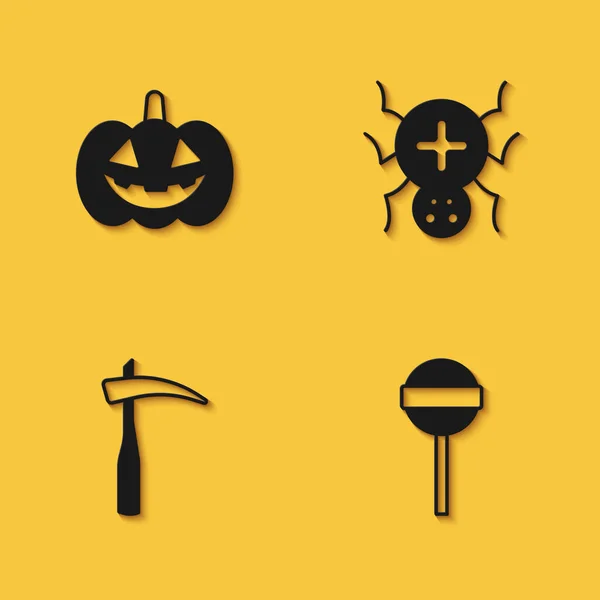 Pumpkin Lollipop Scythe Spider Icon 그림자로 세팅합니다 Vector — 스톡 벡터