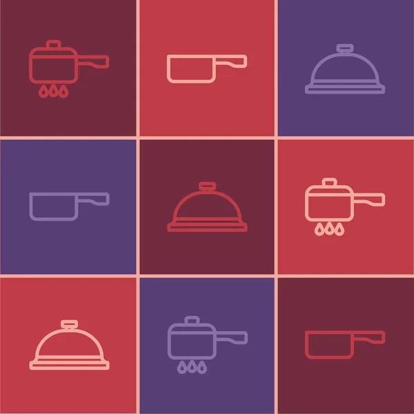 Установите Линию Приготовления Пищи Кастрюлю Огне Покрытые Поднос Едой Сковородка — стоковый вектор