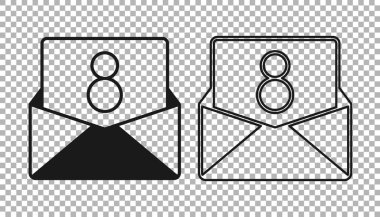 Şeffaf arkaplanda 8 Mart simgesine sahip Siyah Zarf. Mesaj aşkım. Aşk ve romantizm mektubu. Uluslararası Mutlu Kadınlar Günü. Vektör.