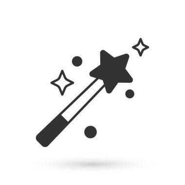 Gri Sihirli değnek simgesi beyaz arkaplanda izole edildi. Yıldız şeklinde sihirli aksesuar. Sihirli güç. Vektör