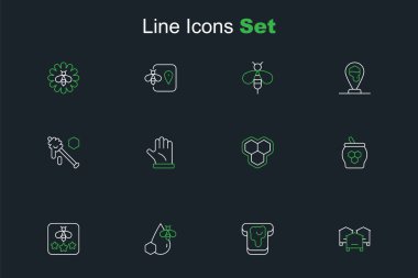 Kovan hattını arılar için ayarla, bal, arı ve bal peteği, kavanoz dipçiğinin türü, bal peteği, arıcı eldiveni ve ikonu. Vektör