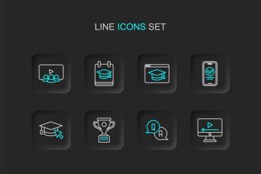 Online oyun videosu, Soru ve Cevap, Ödül kupası, İmleç, quiz, test, anket, eğitim ve sınıf simgesi içeren mezuniyet başlığı. Vektör