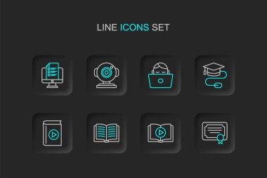Satır Sertifika şablonu, Ses Kitabı, Açık, Fare ile Mezuniyet Başlığı, Çalışan Öğrenci Bilgisayarı, Web kamerası ve Online Quiz, Test, Araştırma simgesi. Vektör