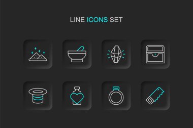 El testeresi, sihirli taş yüzük aşk iksiri, şapka, antika hazine sandığı cadı kazanı ve barut ikonu. Vektör