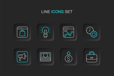 Çanta, Finansal büyüme doları, kağıt para yığını, megafon, zaman yönetimi, pazar analizi, ampul ve çevrimiçi alışveriş ekranı ikonu. Vektör