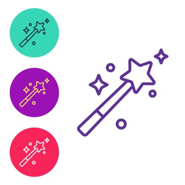 Sihirli çubuk simgesi beyaz arkaplanda izole edildi. Yıldız şeklinde sihirli aksesuar. Sihirli güç. Simgeleri renklendirin. Vektör