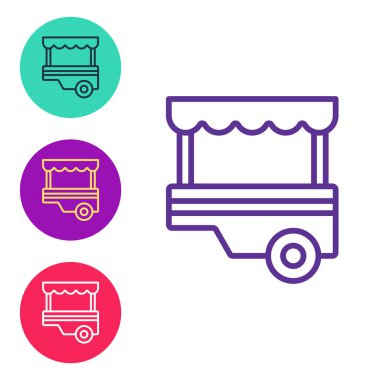 Beyaz arka planda tente simgesi olan Fast Street yemek arabasını ayarlayın. Şehir büfesi. Simgeleri renklendirin. Vektör