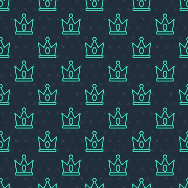 Yeşil Çizgi King Crown Ikonu Mavi Arkaplandaki Kusursuz Deseni Izole — Stok Vektör
