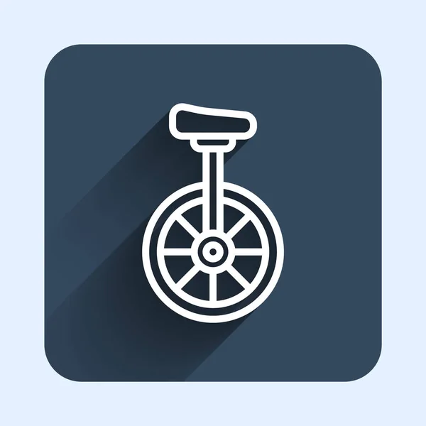 白色直线单轮或一个轮式自行车图标隔离长阴影背景 单轮自行车 蓝色正方形按钮 — 图库矢量图片
