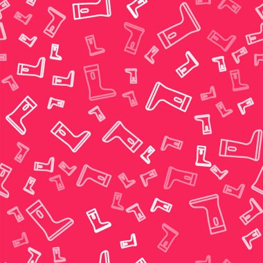 Beyaz çizgi, su geçirmez lastik bot ikonu kırmızı arka planda izole edilmiş pürüzsüz desen. Yağmurlu hava, balıkçılık, bahçe işleri için çizme. Vektör