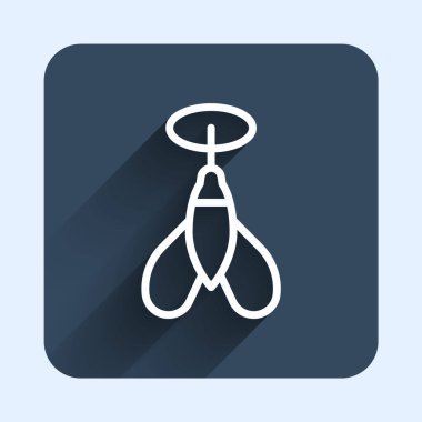 Beyaz çizgi ok ikonu uzun gölge arkaplanı ile izole edildi. Mavi kare düğme. Vektör