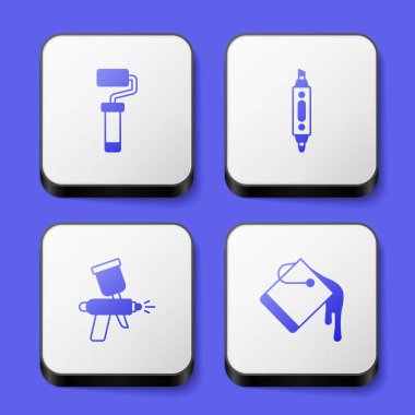 Boya fırçası keçeli kalem tabancası ve kova ikonu hazırla. Beyaz kare düğme. Vektör.