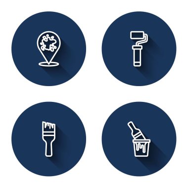 Uzun gölgeli boya sprey fırçası ve kova ayarla. Mavi daire düğmesi. Vektör.