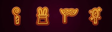 Doğumgünü kornası, sihirbaz şapkası, tavşan kulağı, şenlik maskesi ve el aynası. Parlayan neon ikonu. Vektör.