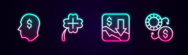 Şanslı oyuncu kumarhane kumar makinesini yonca finansal büyüme azalması ve fiş değişimi ile ayarla. Parlayan neon ikonu. Vektör.